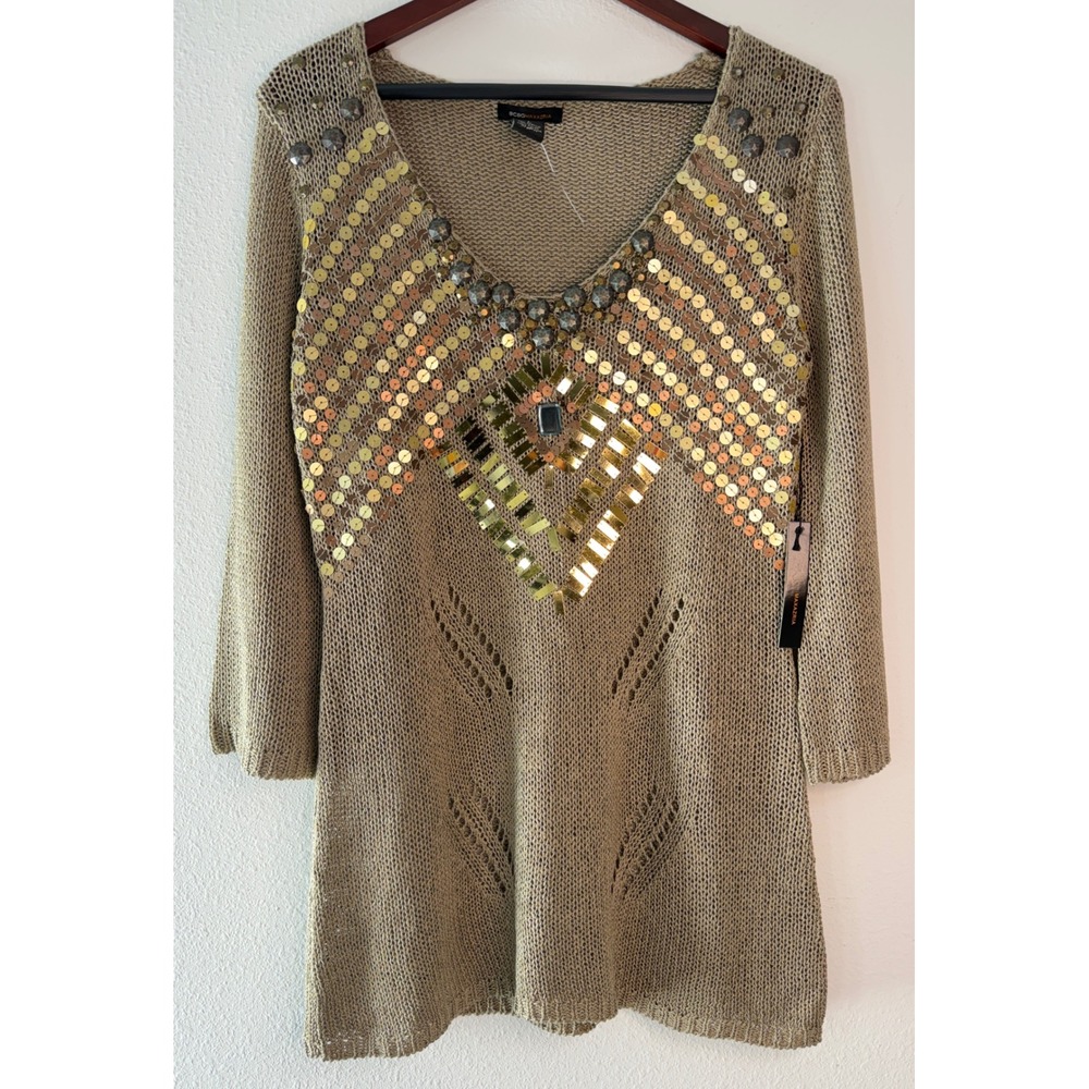 Y2K BCBGMAXAZRIA Tan Sequin Studded Knit Tunic Sweater Boho Indie Fairy NWT L